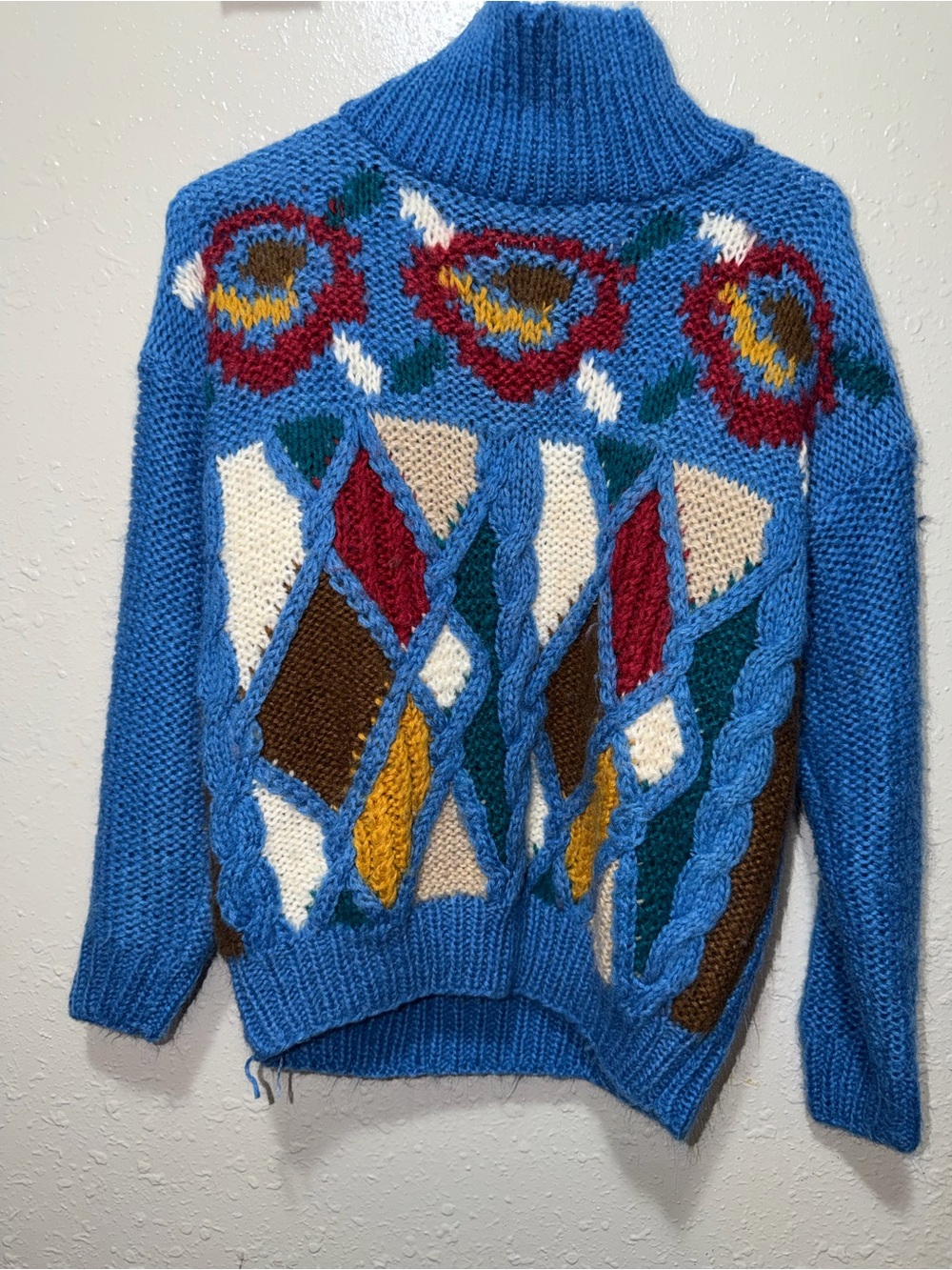 Cozy Blue Cable & Floral Turtleneck Sweater